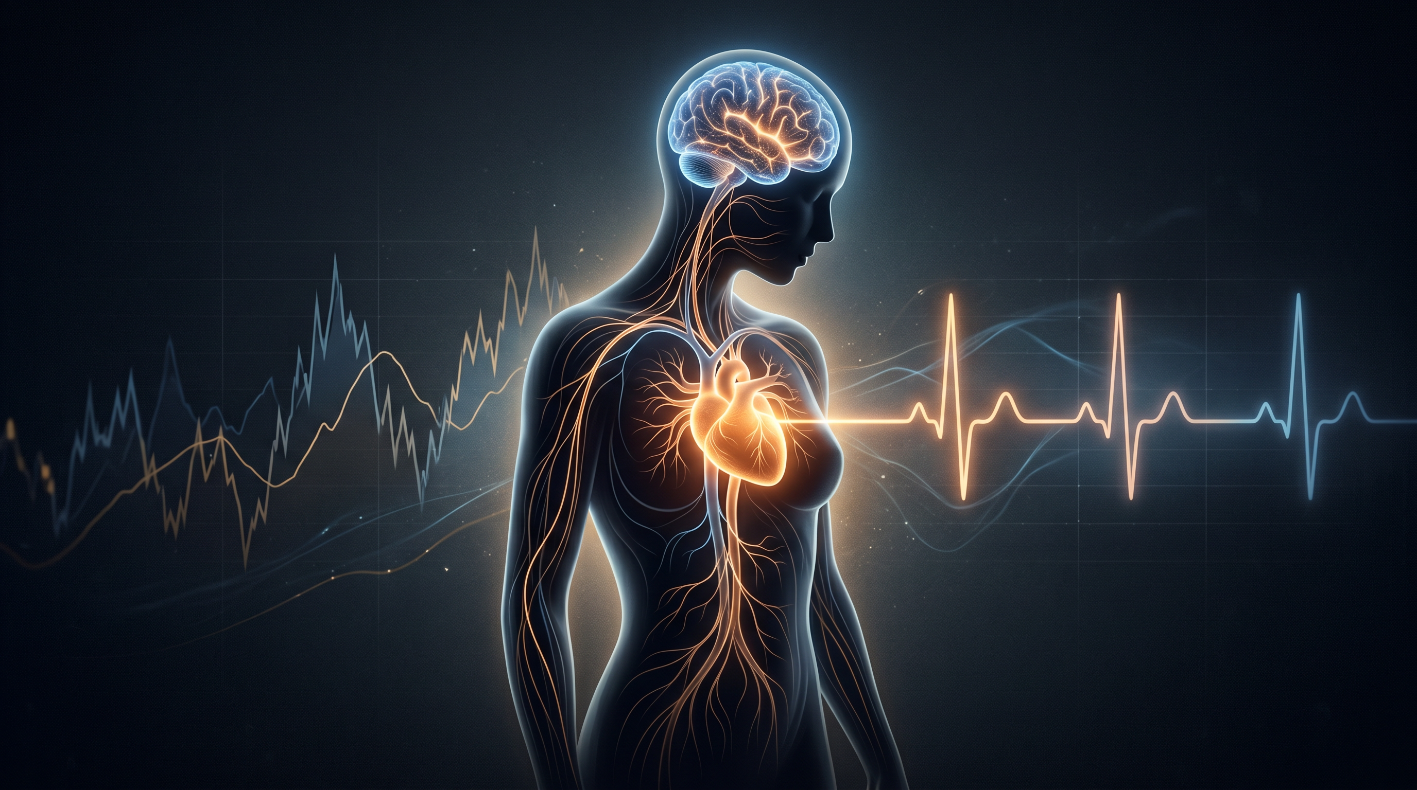 Interoception and body awareness in trading — abstract visualization of heartbeat and market data