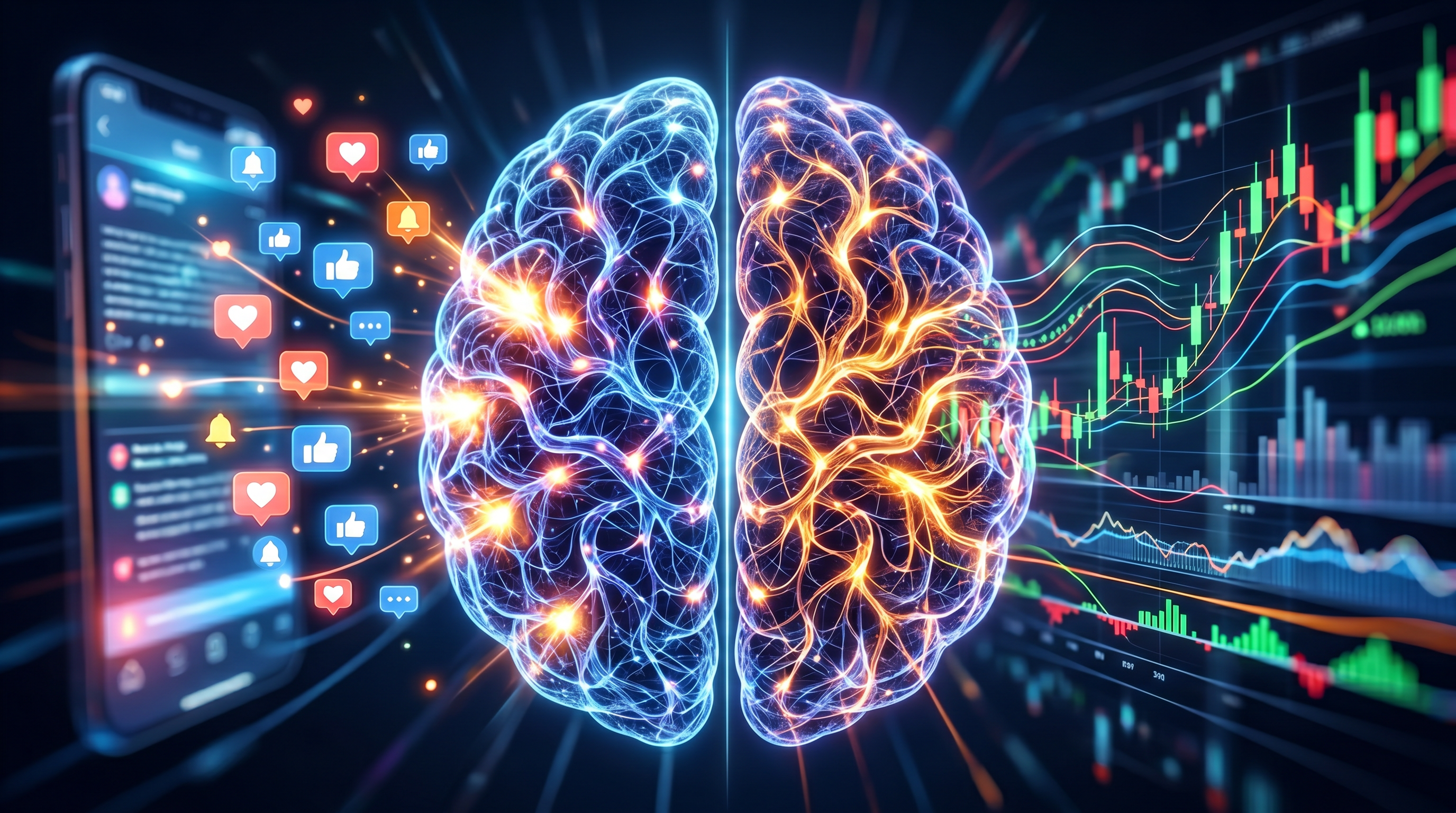 Abstract visualization of social media neural pathways rewiring a trading brain — network nodes and market charts on dark background